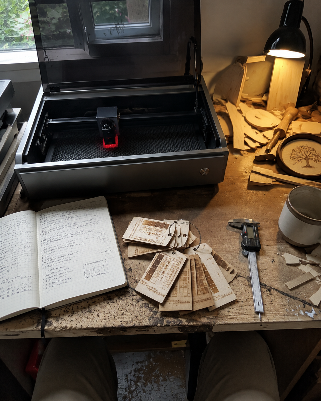Workshop bench with laser machine, burned test cards, notebook and caliper